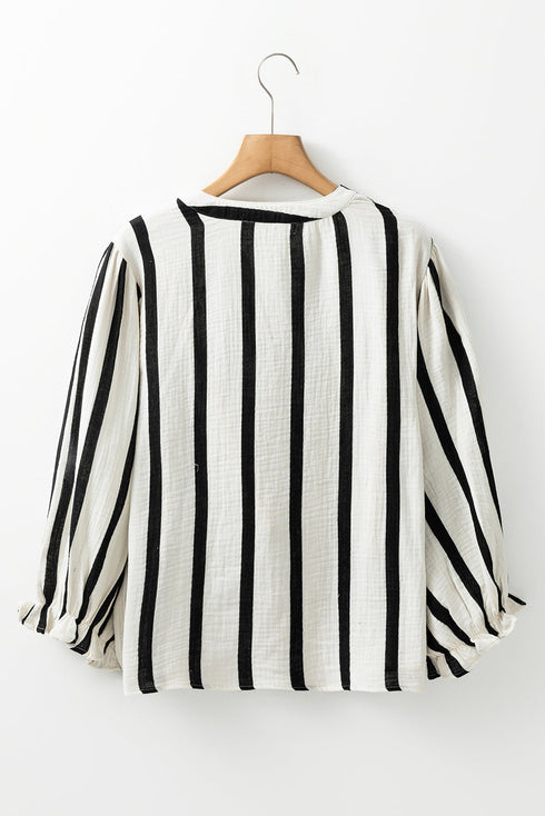 Stripe Crinckled Ruffled Sleeve Button up Loose Shirt
